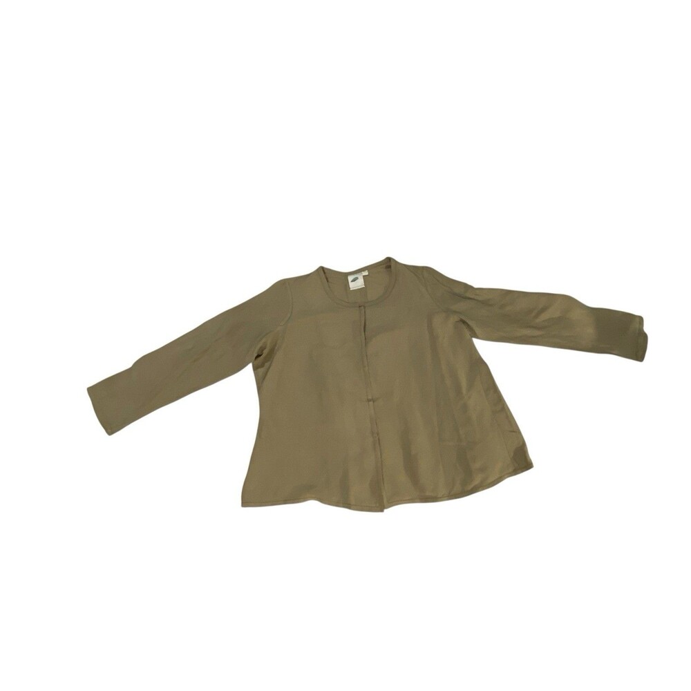 Nurture Silk Blouse Khaki Long Sleeve Collarless Minimalist Top Sz L Career Y2K
